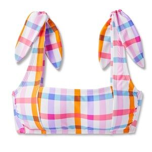 Plaid Shoulder Tie Bralette Bikini Top Multi Color NWT
